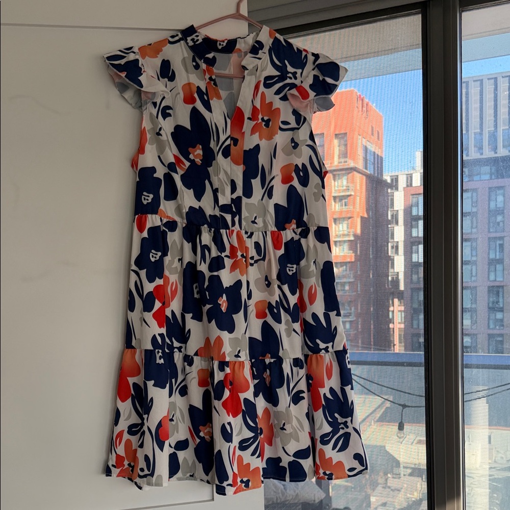 SHEIN Navy, Orange & White Floral Tiered Mini Dress